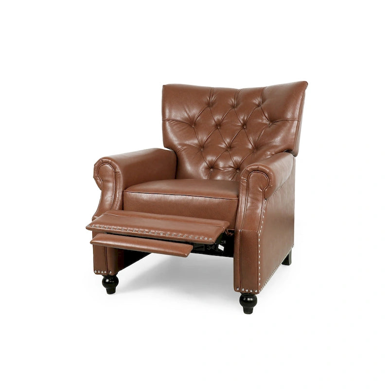 Poltrona reclinabile a spinta color marrone chiaro/beige con finiture borchiate, seduta singola