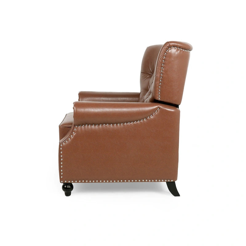 Poltrona reclinabile a spinta color marrone chiaro/beige con finiture borchiate, seduta singola