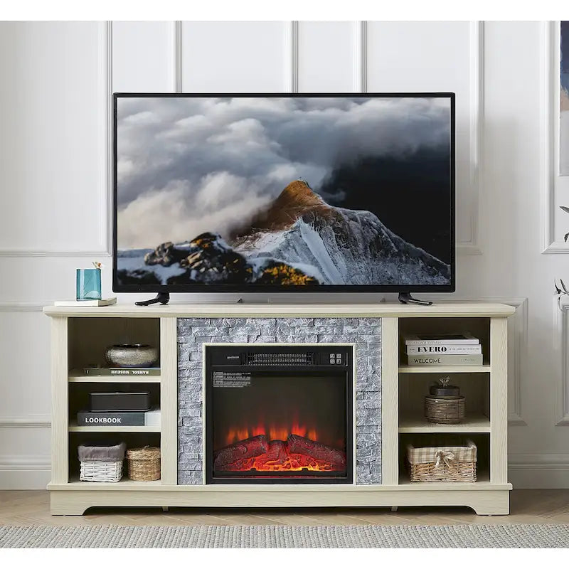 Mobile TV con caminetto elettrico e mantello bianco, adatto per TV fino a 65"