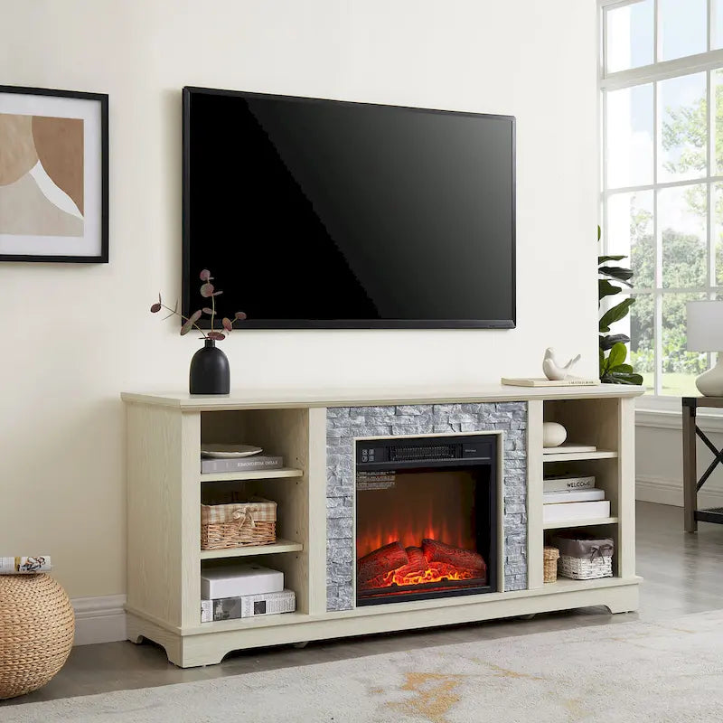 Mobile TV con caminetto elettrico e mantello bianco, adatto per TV fino a 65"