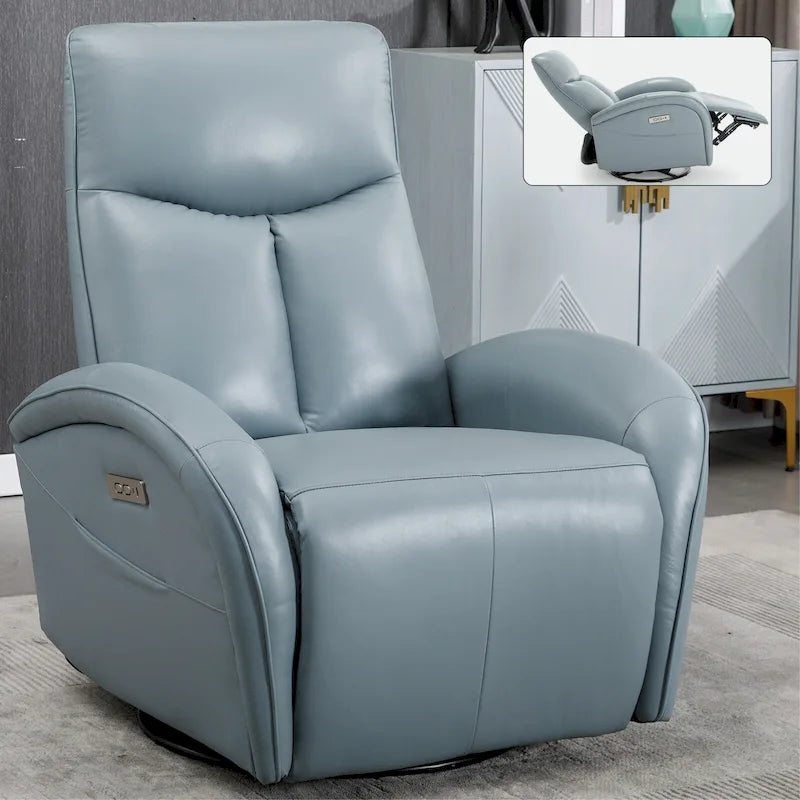 Poltrona reclinabile girevole elettrica in similpelle marrone/blu, seduta singola, girevole a 270° con porte USB e Type-C