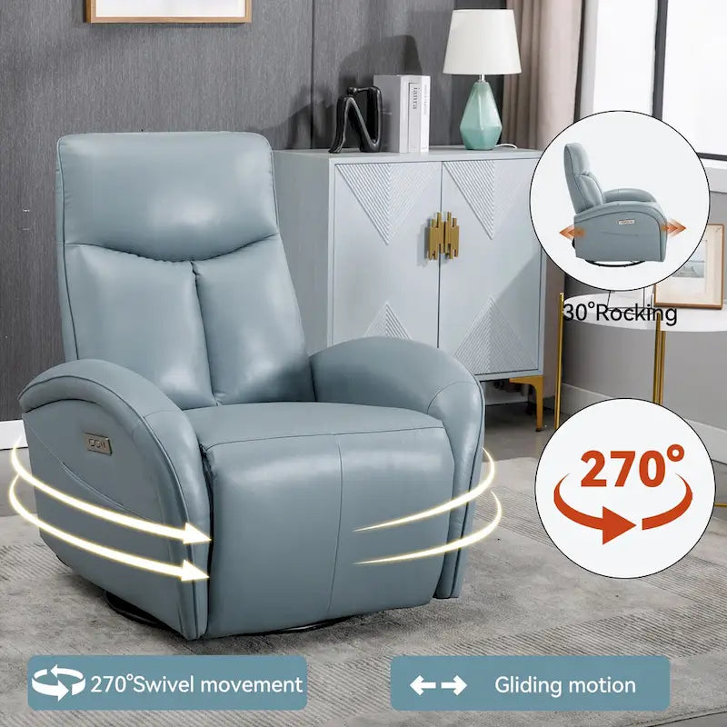 Poltrona reclinabile girevole elettrica in similpelle marrone/blu, seduta singola, girevole a 270° con porte USB e Type-C