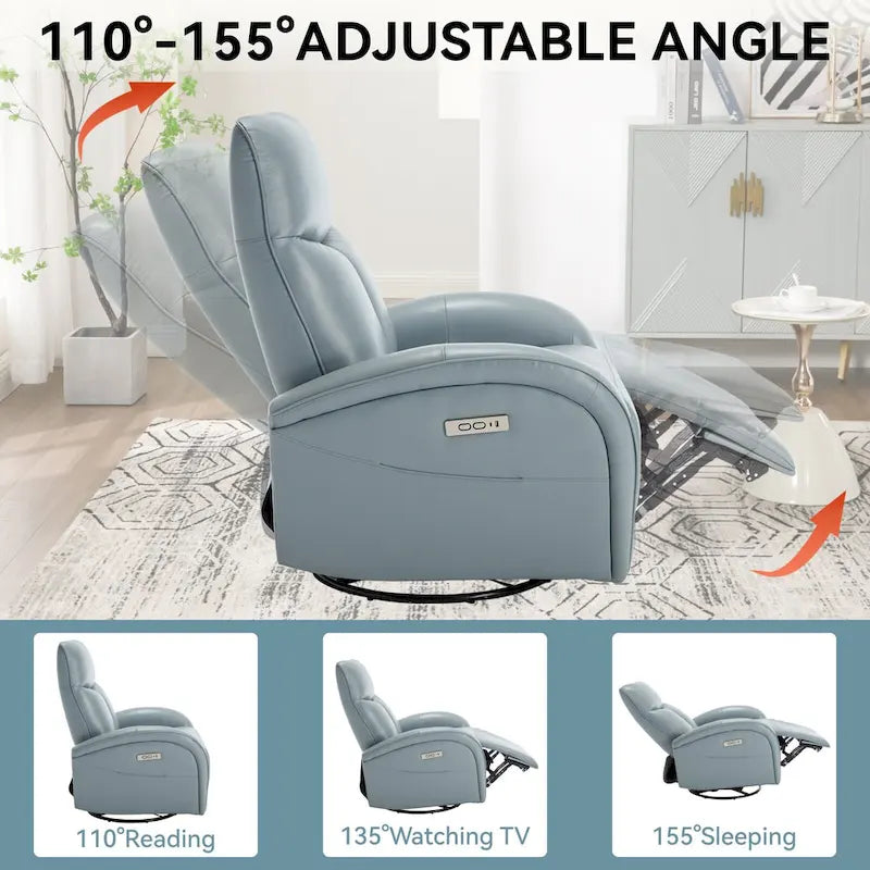 Poltrona reclinabile girevole elettrica in similpelle marrone/blu, seduta singola, girevole a 270° con porte USB e Type-C