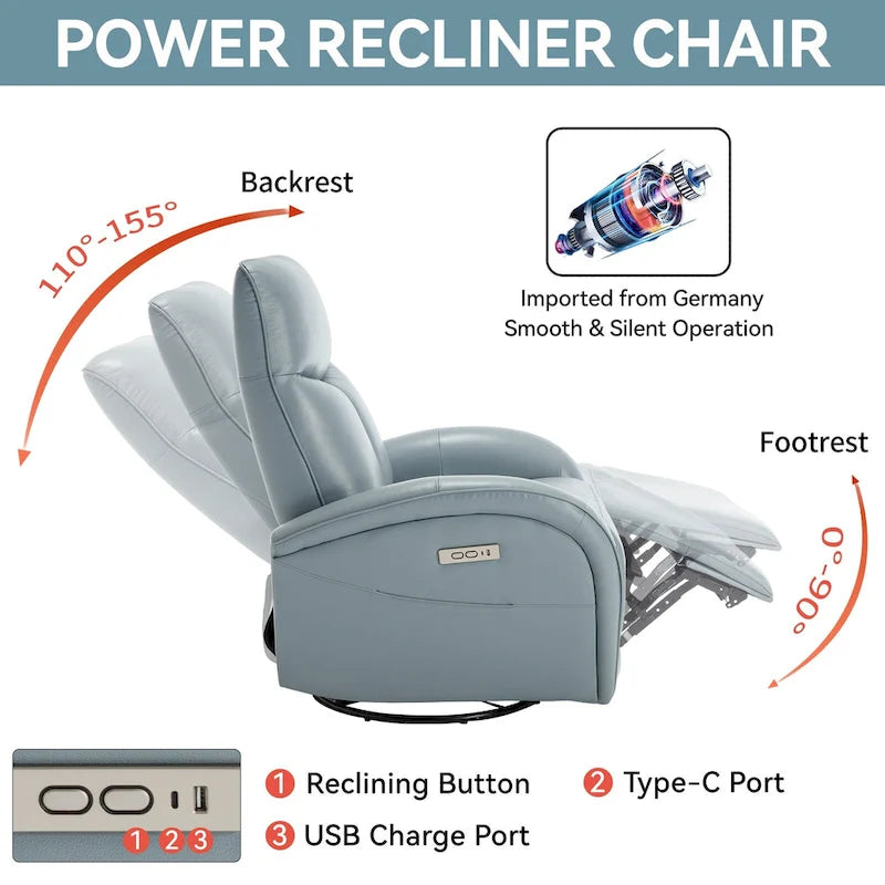 Poltrona reclinabile girevole elettrica in similpelle marrone/blu, seduta singola, girevole a 270° con porte USB e Type-C
