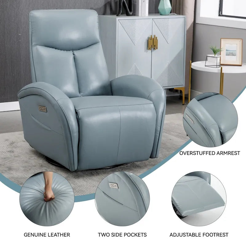 Poltrona reclinabile girevole elettrica in similpelle marrone/blu, seduta singola, girevole a 270° con porte USB e Type-C