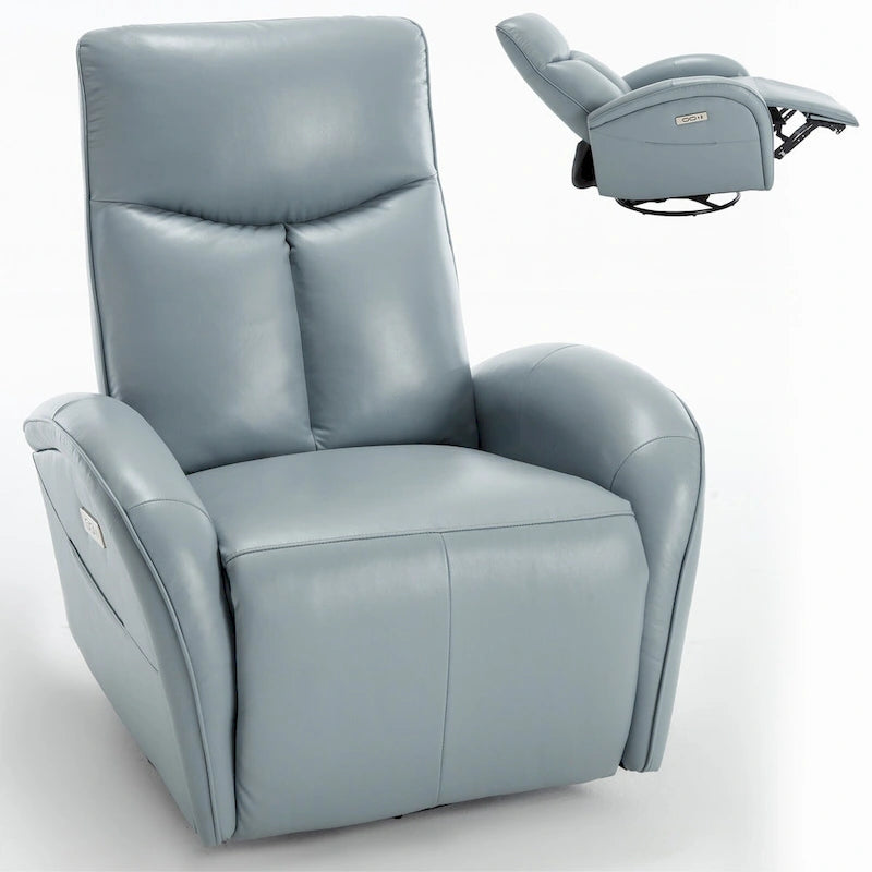 Poltrona reclinabile girevole elettrica in similpelle marrone/blu, seduta singola, girevole a 270° con porte USB e Type-C
