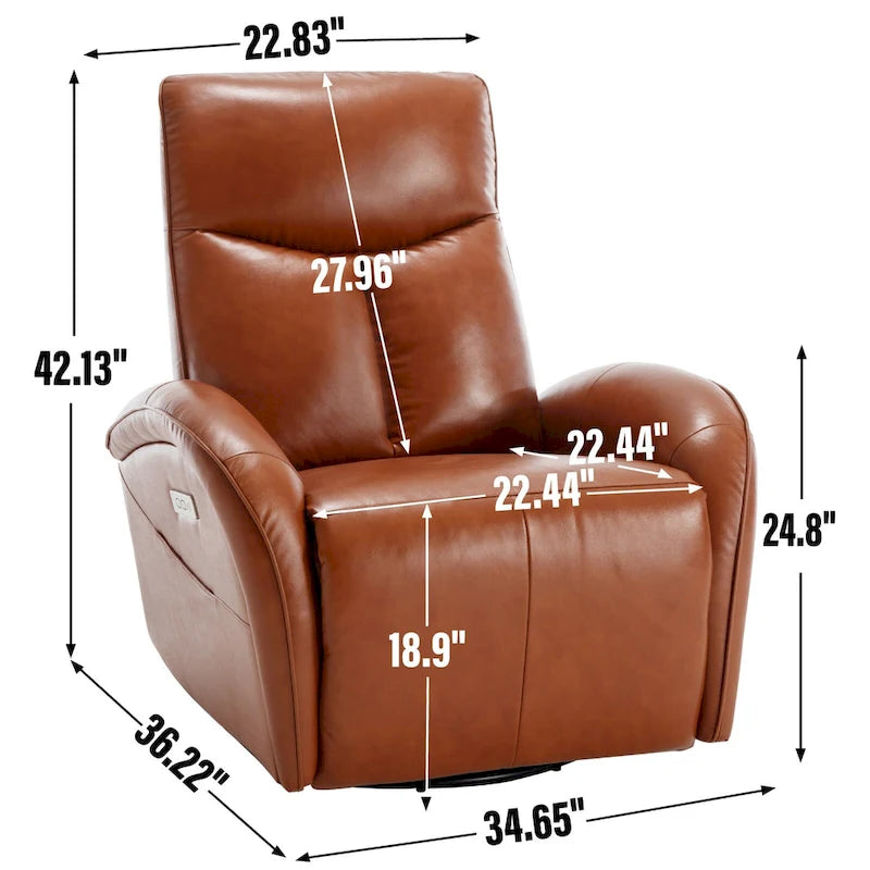 Poltrona reclinabile girevole elettrica in similpelle marrone/blu, seduta singola, girevole a 270° con porte USB e Type-C