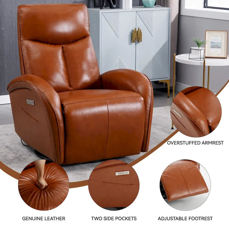Poltrona reclinabile girevole elettrica in similpelle marrone/blu, seduta singola, girevole a 270° con porte USB e Type-C