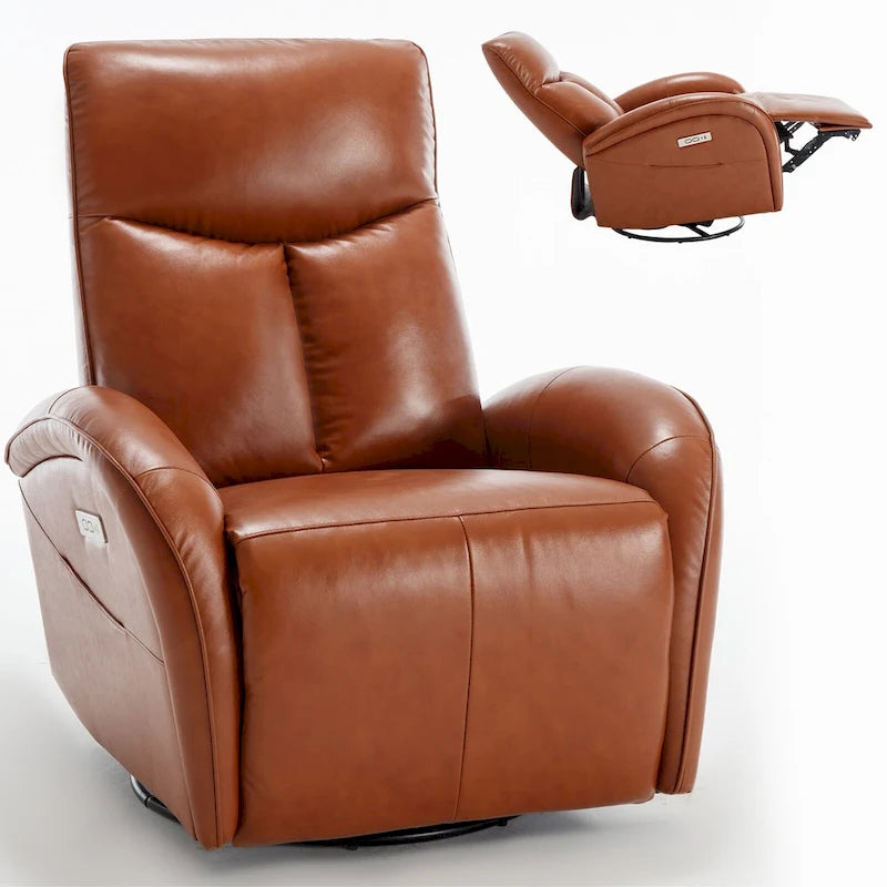 Poltrona reclinabile girevole elettrica in similpelle marrone/blu, seduta singola, girevole a 270° con porte USB e Type-C