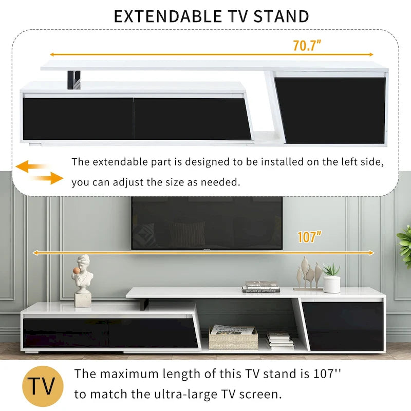 Witte moderne uitschuifbare tv-standaard voor 100-inch tv's