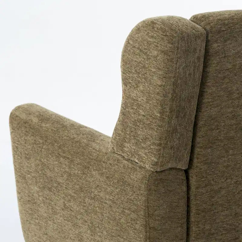 Olijfgroene armstoel met knoopstiksels en houten poten