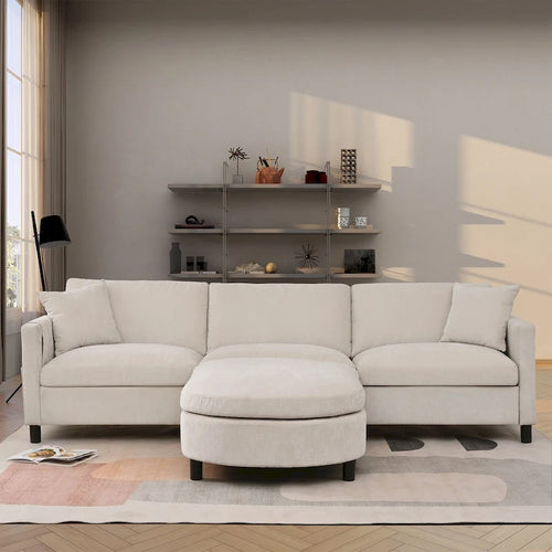 Divano a 4 posti in tessuto beige con pouf mobile