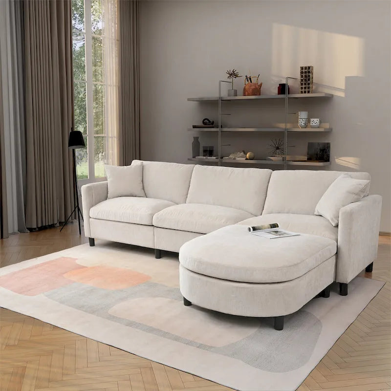 Divano a 4 posti in tessuto beige con pouf mobile