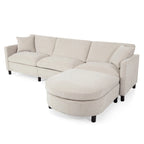 Divano a 4 posti in tessuto beige con pouf mobile