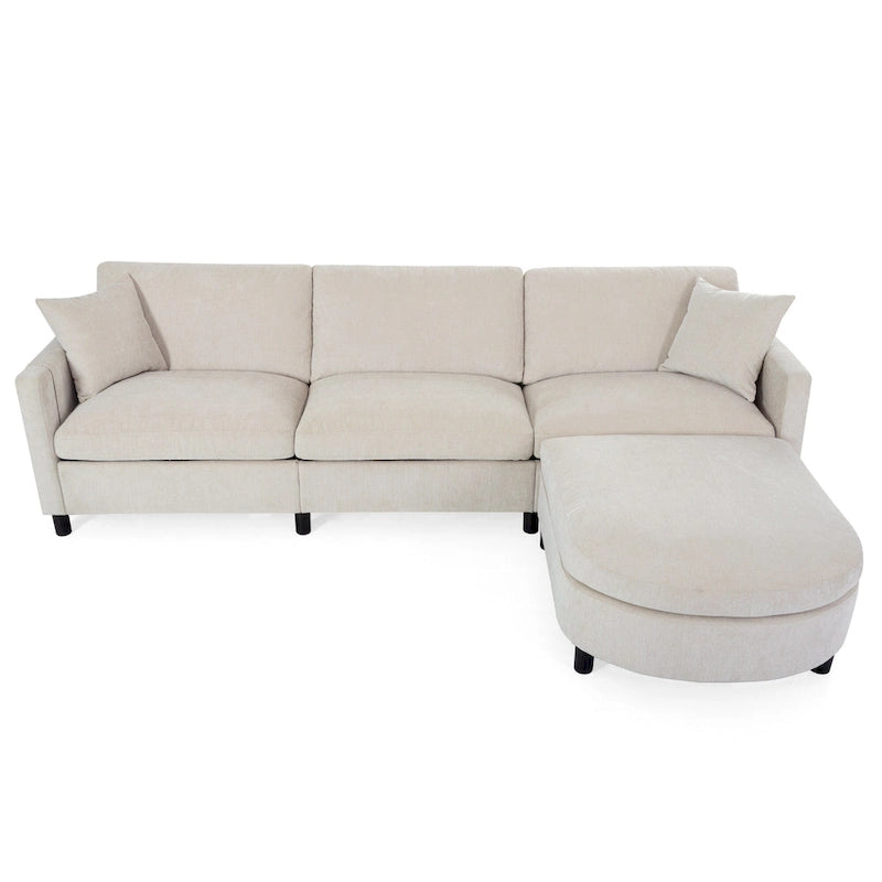 Divano a 4 posti in tessuto beige con pouf mobile