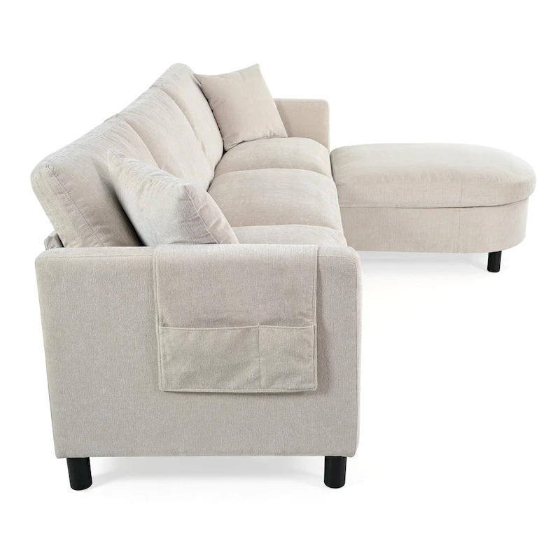 Divano a 4 posti in tessuto beige con pouf mobile