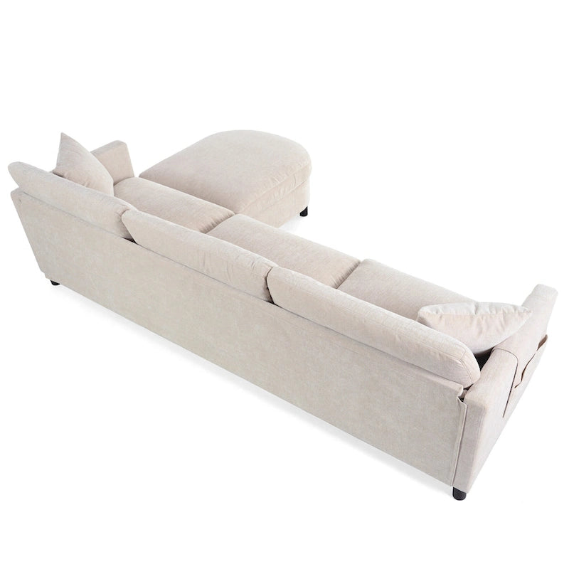 Divano a 4 posti in tessuto beige con pouf mobile