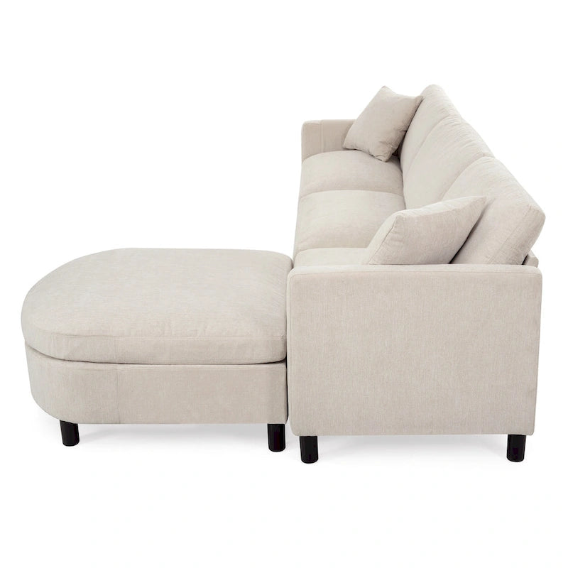 Divano a 4 posti in tessuto beige con pouf mobile