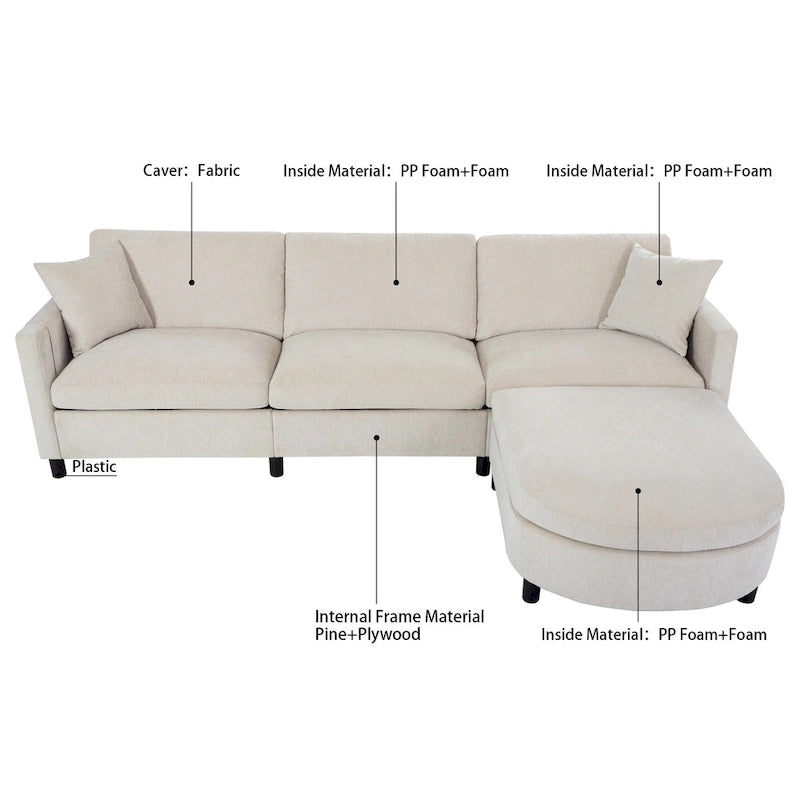 Divano a 4 posti in tessuto beige con pouf mobile