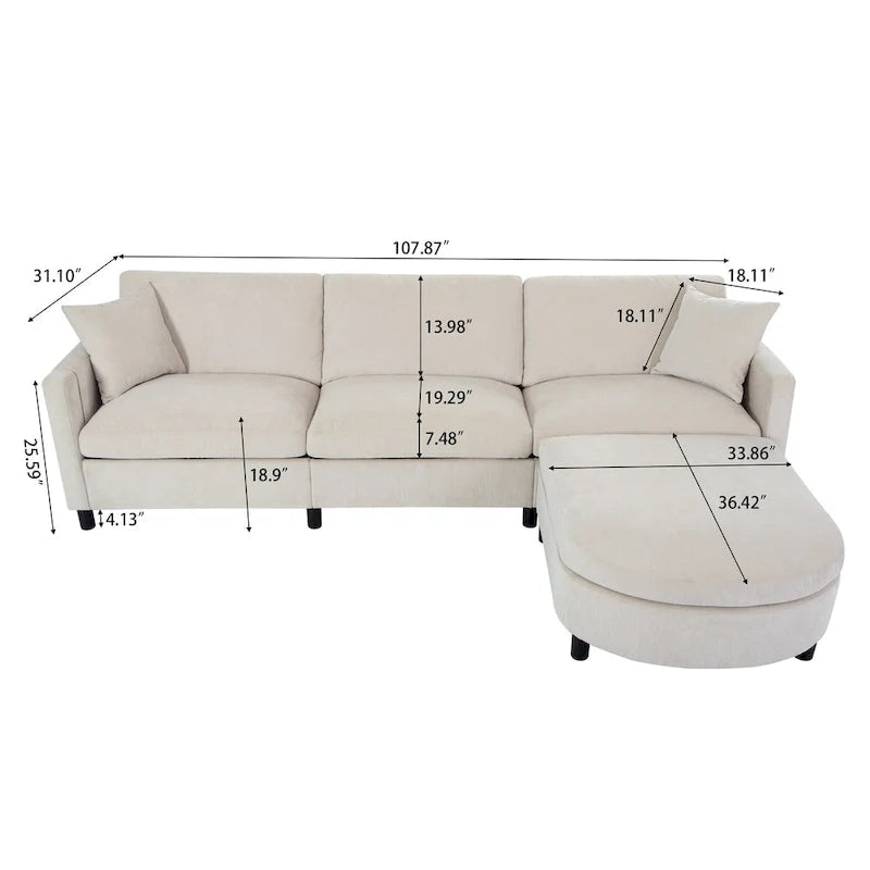 Divano a 4 posti in tessuto beige con pouf mobile