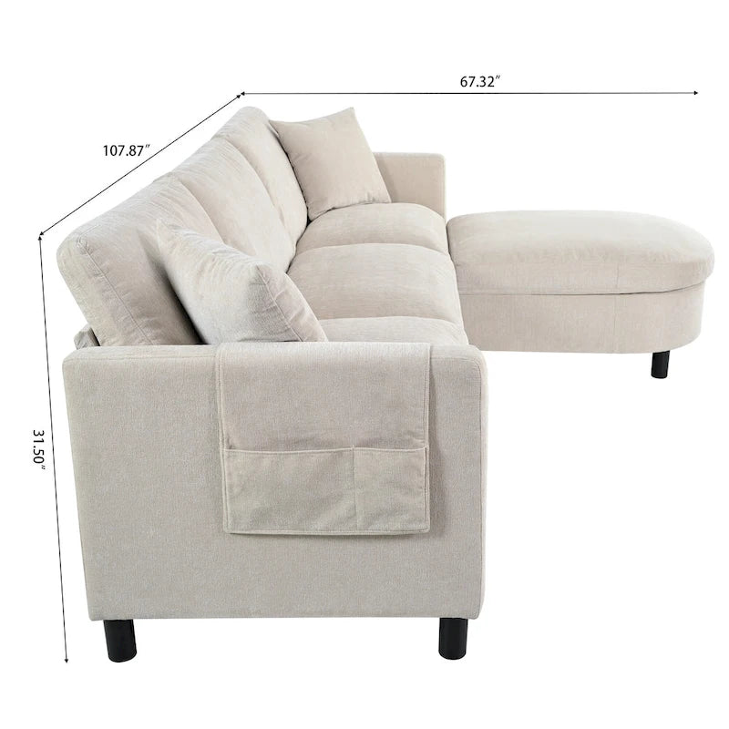Divano a 4 posti in tessuto beige con pouf mobile