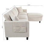 Divano a 4 posti in tessuto beige con pouf mobile