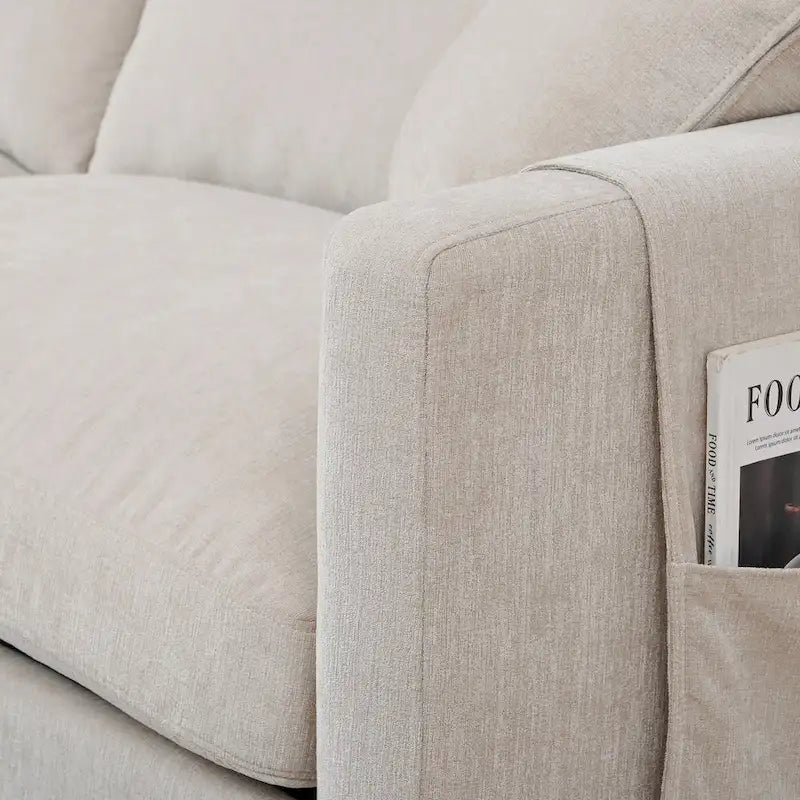 Divano a 4 posti in tessuto beige con pouf mobile