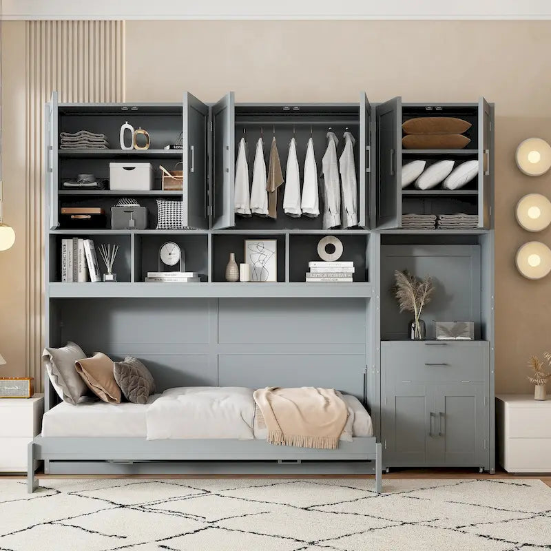 Murphy-Bett in Twin-Größe, Wandbett mit Schrank, Schubladen und Schreibtisch