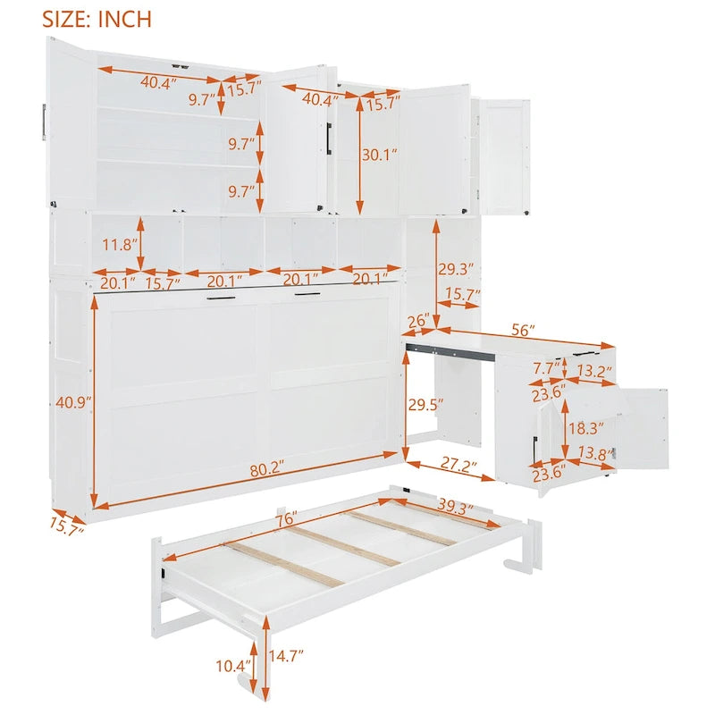 Eenpersoons Murphybed met kast, laden en bureau