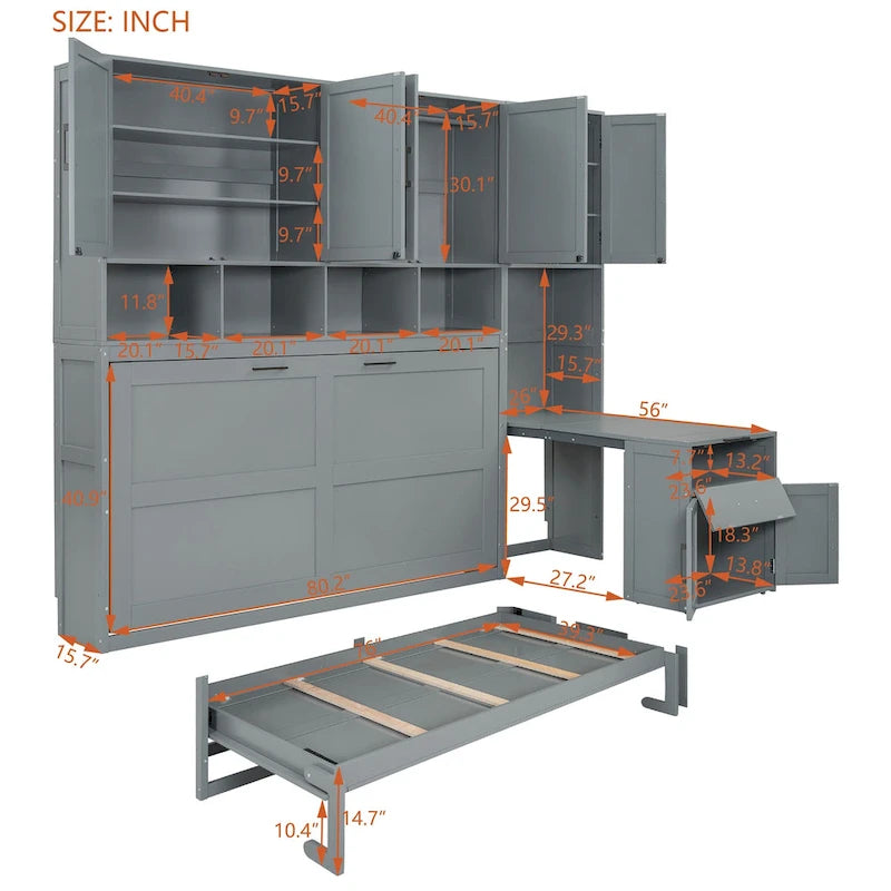 Eenpersoons Murphybed met kast, laden en bureau