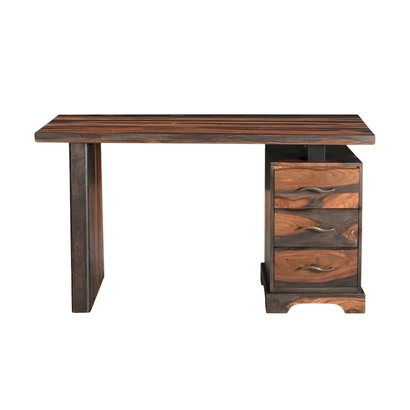 Scrivania marrone in legno massello con bordo naturale e 3 cassetti, 54", 1 persona