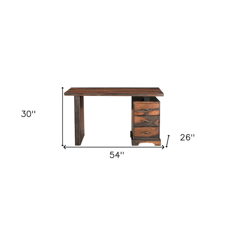 Scrivania marrone in legno massello con bordo naturale e 3 cassetti, 54", 1 persona