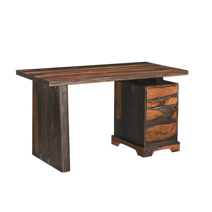 Scrivania marrone in legno massello con bordo naturale e 3 cassetti, 54", 1 persona