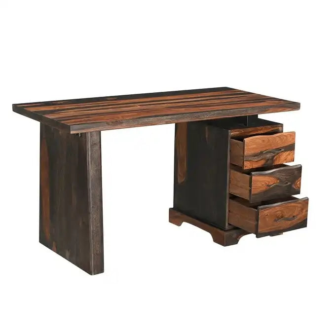 Scrivania marrone in legno massello con bordo naturale e 3 cassetti, 54", 1 persona