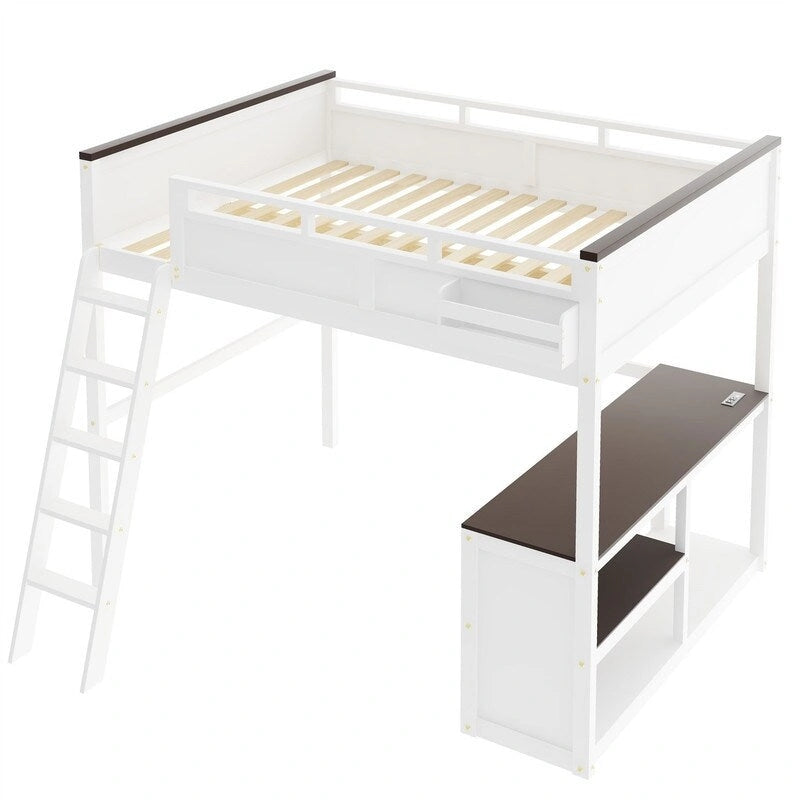 Letto a soppalco White Queen con scrivania e ripiani portaoggetti, 1 persona