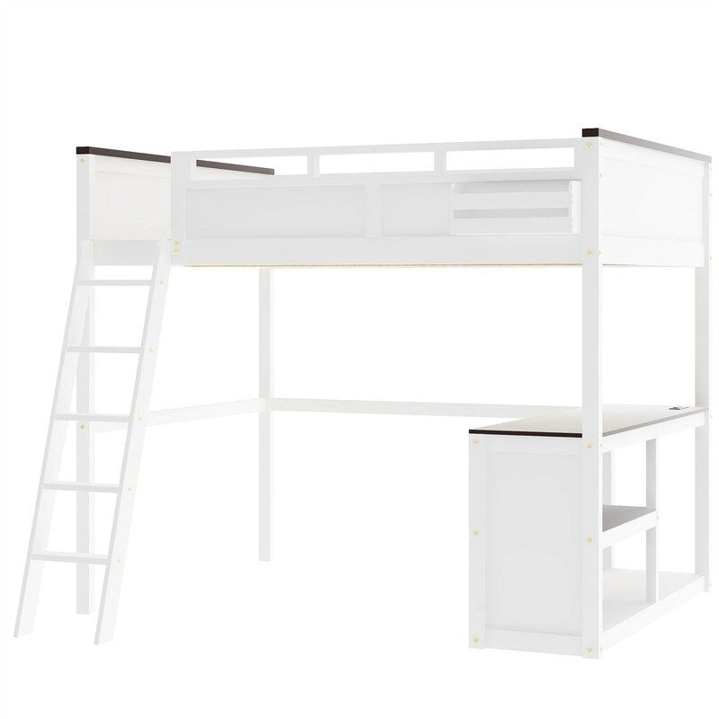 Letto a soppalco White Queen con scrivania e ripiani portaoggetti, 1 persona