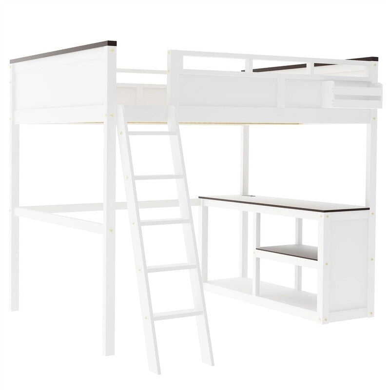 Letto a soppalco White Queen con scrivania e ripiani portaoggetti, 1 persona
