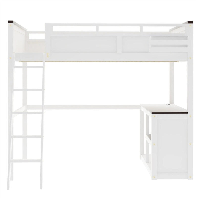 Letto a soppalco White Queen con scrivania e ripiani portaoggetti, 1 persona