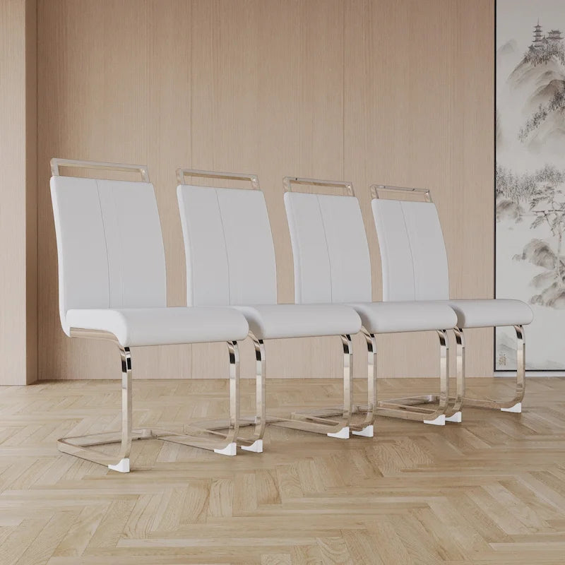Sedia da pranzo in pelle PU con schienale alto, gambe in metallo a C, set da 4 (bianco / nero / grigio)