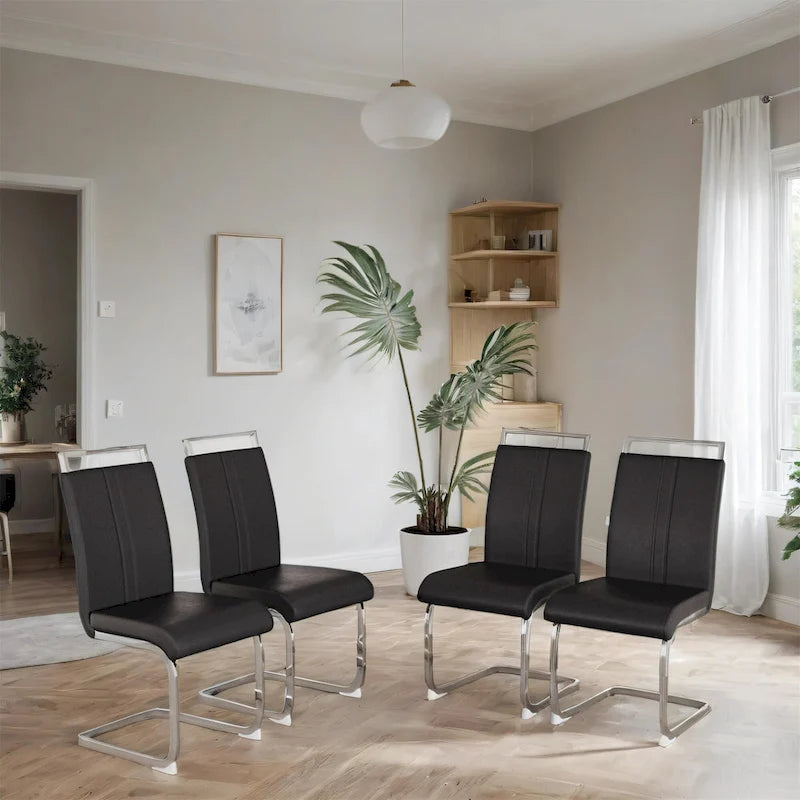PU Leather High Back Upholstered Dining Chair w/ Metal Legs(Set of 4)