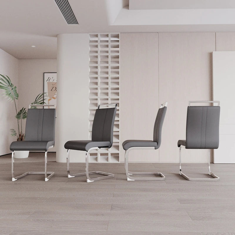 Sedia da pranzo in pelle PU con schienale alto, gambe in metallo a C, set da 4 (bianco / nero / grigio)