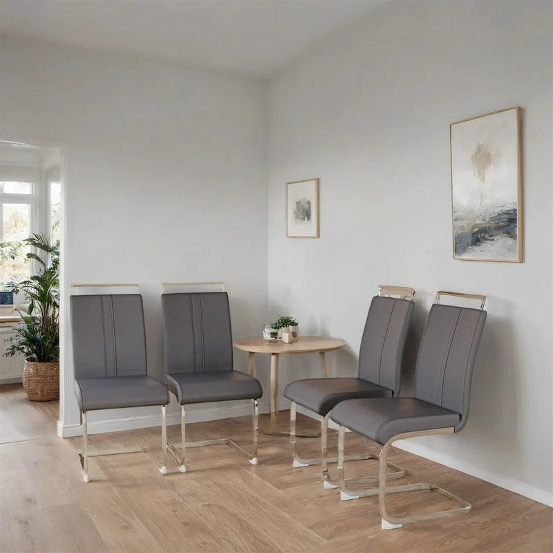 Sedia da pranzo in pelle PU con schienale alto, gambe in metallo a C, set da 4 (bianco / nero / grigio)