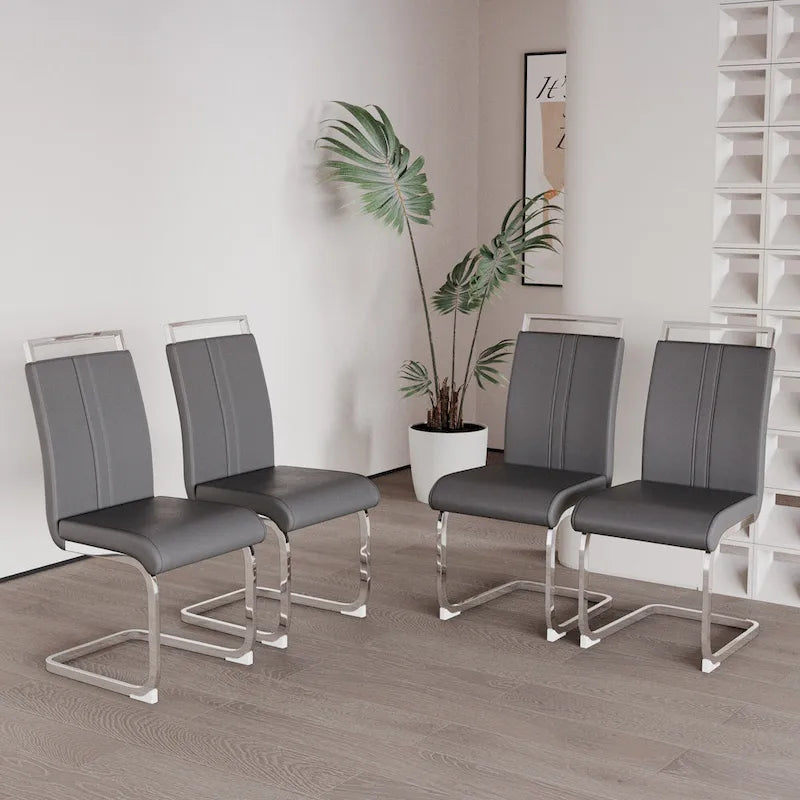 Sedia da pranzo in pelle PU con schienale alto, gambe in metallo a C, set da 4 (bianco / nero / grigio)