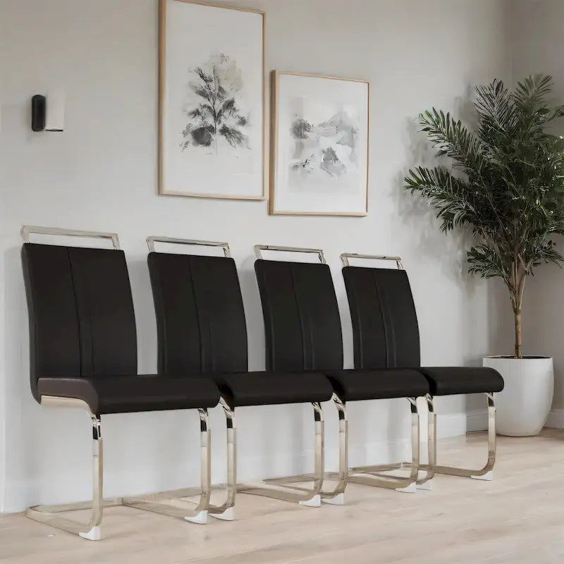 Sedia da pranzo in pelle PU con schienale alto, gambe in metallo a C, set da 4 (bianco / nero / grigio)