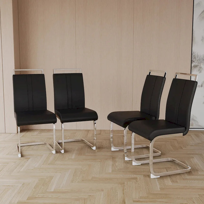 Sedia da pranzo in pelle PU con schienale alto, gambe in metallo a C, set da 4 (bianco / nero / grigio)