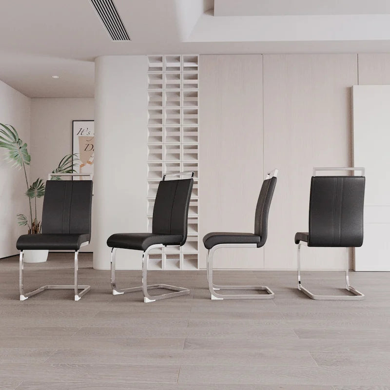 Sedia da pranzo in pelle PU con schienale alto, gambe in metallo a C, set da 4 (bianco / nero / grigio)