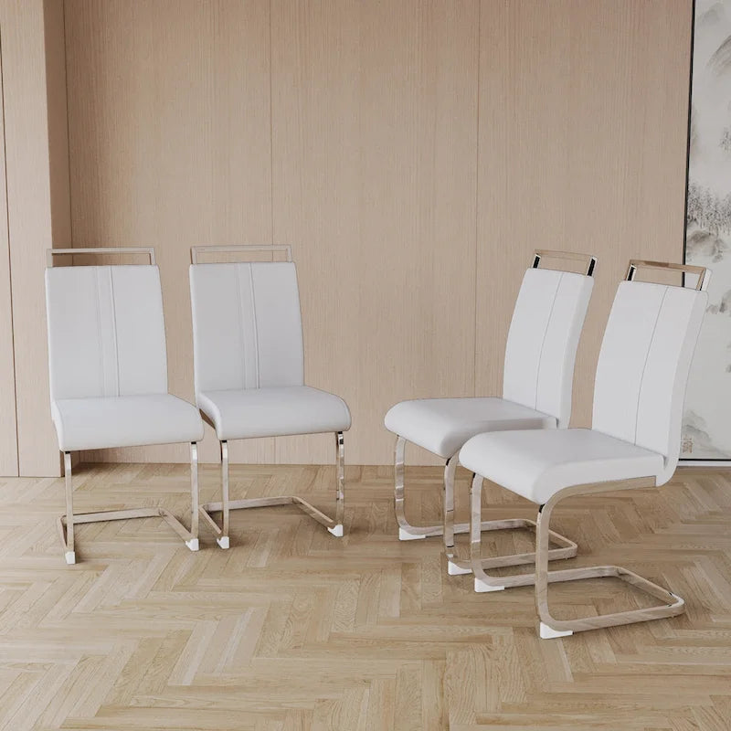 Sedia da pranzo in pelle PU con schienale alto, gambe in metallo a C, set da 4 (bianco / nero / grigio)
