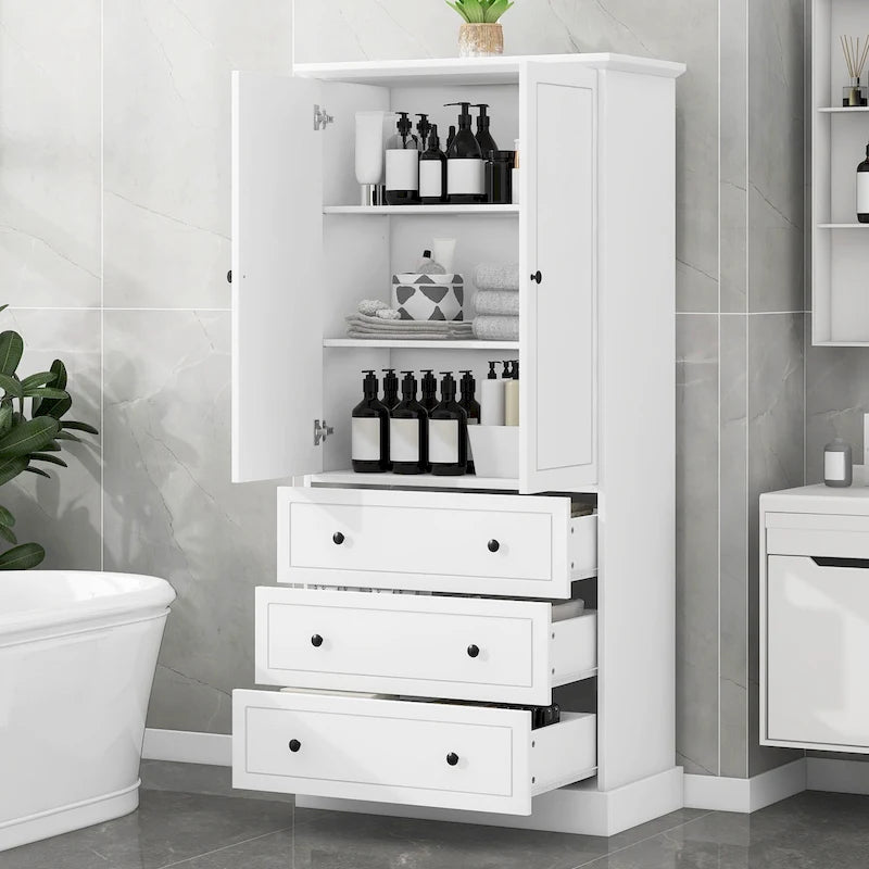 Armoire de rangement de salle de bains autoportante avec portes et 3 grands tiroirs, étagères réglables, colonne haute pour le linge de maison, les serviettes et les articles de toilette