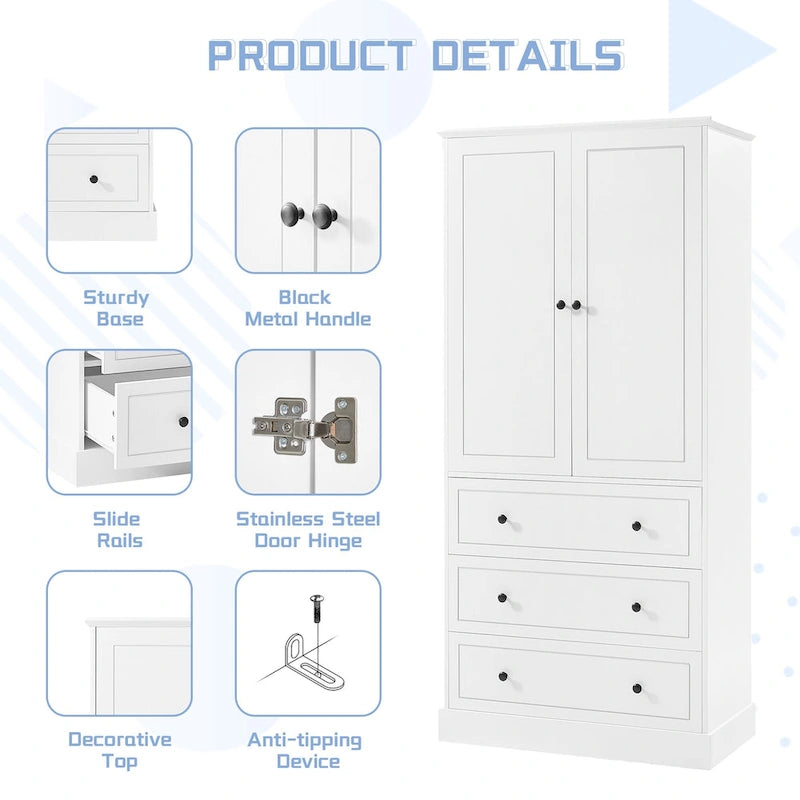 Armoire de rangement de salle de bains autoportante avec portes et 3 grands tiroirs, étagères réglables, colonne haute pour le linge de maison, les serviettes et les articles de toilette