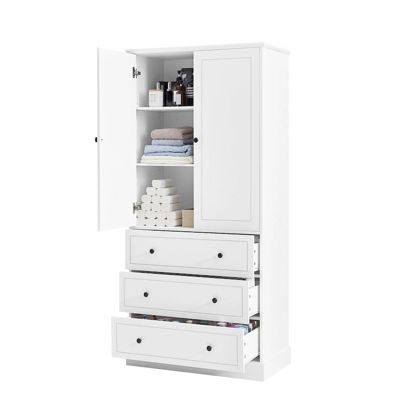 Armoire de rangement de salle de bains autoportante avec portes et 3 grands tiroirs, étagères réglables, colonne haute pour le linge de maison, les serviettes et les articles de toilette